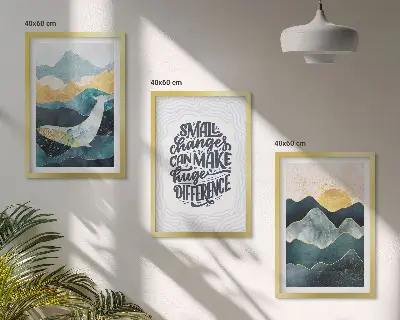 Conjunto de 3 quadros com moldura com inspiração abstrata de montanhas