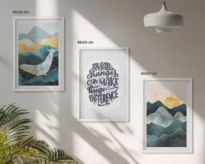Conjunto de 3 quadros com moldura com inspiração abstrata de montanhas