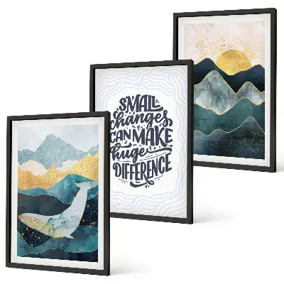 Conjunto de 3 quadros com moldura com inspiração abstrata de montanhas