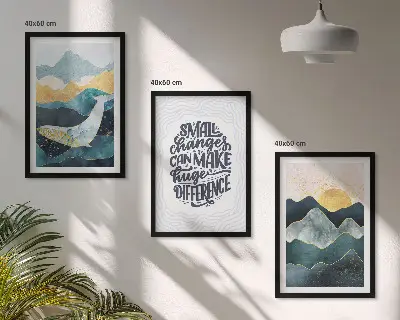 Conjunto de 3 quadros com moldura com inspiração abstrata de montanhas