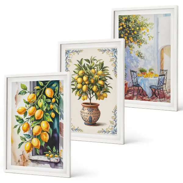 Conjunto de quadros para sala de estar estampa de limoeiros com frutos ao sol