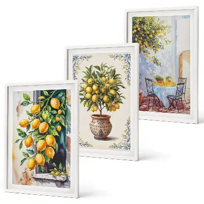 Conjunto de quadros para sala de estar estampa de limoeiros com frutos ao sol