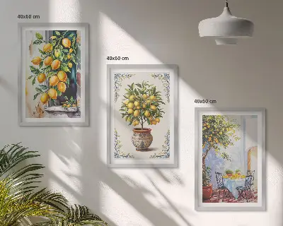 Conjunto de quadros para sala de estar estampa de limoeiros com frutos ao sol