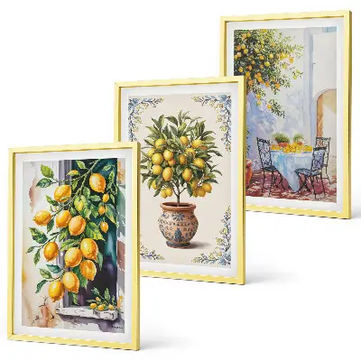 Conjunto de quadros para sala de estar estampa de limoeiros com frutos ao sol