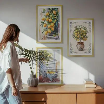 Conjunto de quadros para sala de estar estampa de limoeiros com frutos ao sol