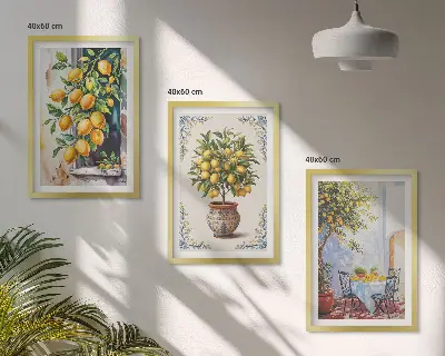 Conjunto de quadros para sala de estar estampa de limoeiros com frutos ao sol