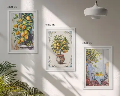 Conjunto de quadros para sala de estar estampa de limoeiros com frutos ao sol