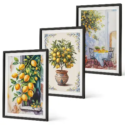 Conjunto de quadros para sala de estar estampa de limoeiros com frutos ao sol