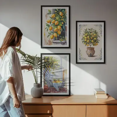 Conjunto de quadros para sala de estar estampa de limoeiros com frutos ao sol