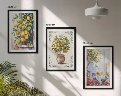 Conjunto de quadros para sala de estar estampa de limoeiros com frutos ao sol