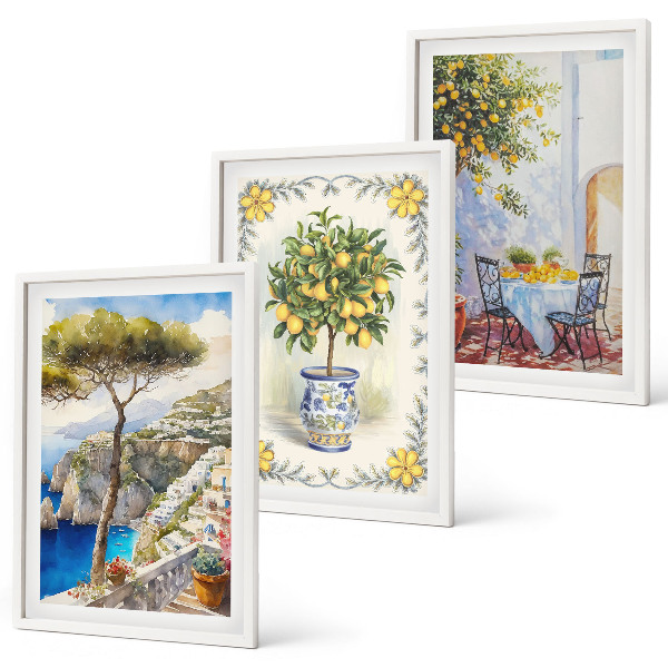 Conjunto de 3 quadros com moldura Vista para o mar de limoeiros