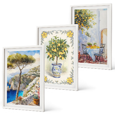 Conjunto de 3 quadros com moldura Vista para o mar de limoeiros