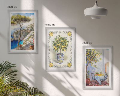 Conjunto de 3 quadros com moldura Vista para o mar de limoeiros