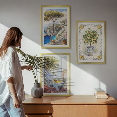 Conjunto de 3 quadros com moldura Vista para o mar de limoeiros