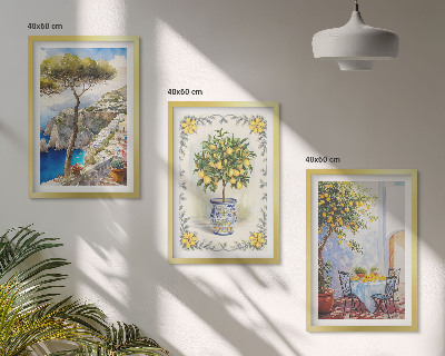 Conjunto de 3 quadros com moldura Vista para o mar de limoeiros