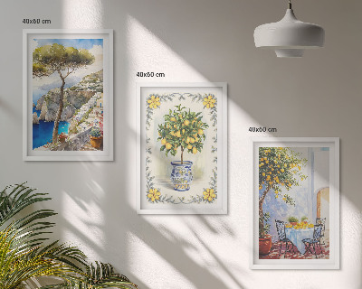 Conjunto de 3 quadros com moldura Vista para o mar de limoeiros