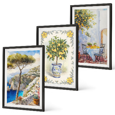 Conjunto de 3 quadros com moldura Vista para o mar de limoeiros