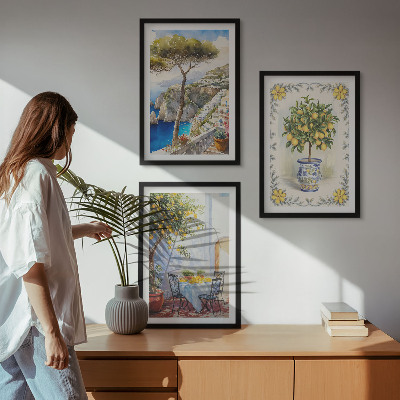 Conjunto de 3 quadros com moldura Vista para o mar de limoeiros