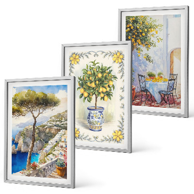 Conjunto de 3 quadros com moldura Vista para o mar de limoeiros