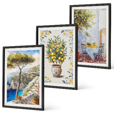 Conjunto de 3 quadros com moldura pinturas de limoeiros-do-mar