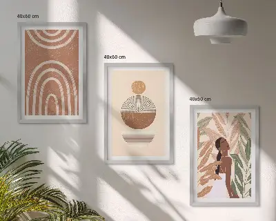 Conjunto de 3 quadros com moldura com padrões geométricos e plantas elegantes