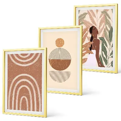 Conjunto de 3 quadros com moldura com padrões geométricos e plantas elegantes