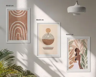 Conjunto de 3 quadros com moldura com padrões geométricos e plantas elegantes