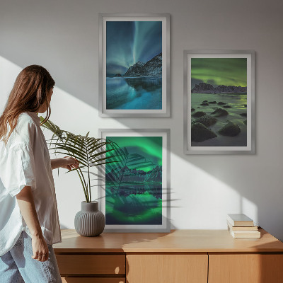 Conjunto de quadros para sala de estar Paisagem invernal da aurora boreal