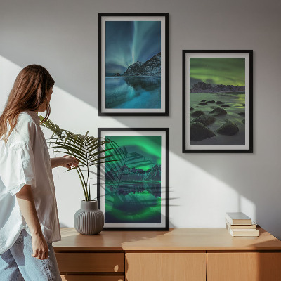 Conjunto de quadros para sala de estar Paisagem invernal da aurora boreal