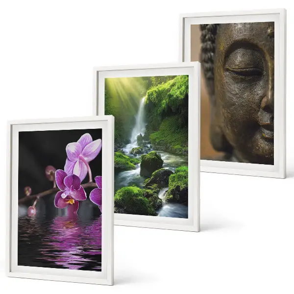 Conjunto de quadros modernos com estampa de cachoeira de flores e rocha Zen de Buda