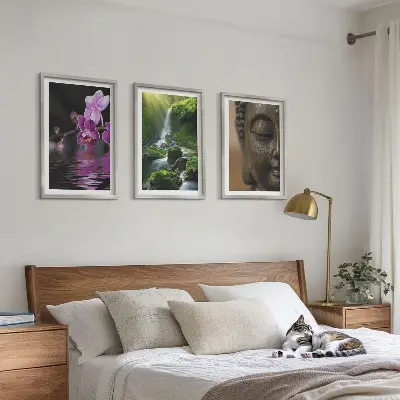 Conjunto de quadros modernos com estampa de cachoeira de flores e rocha Zen de Buda