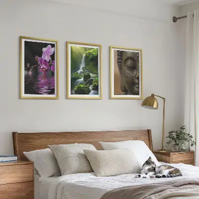 Conjunto de quadros modernos com estampa de cachoeira de flores e rocha Zen de Buda