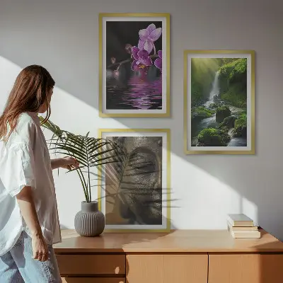 Conjunto de quadros modernos com estampa de cachoeira de flores e rocha Zen de Buda