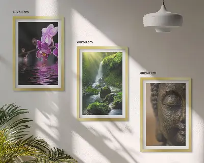 Conjunto de quadros modernos com estampa de cachoeira de flores e rocha Zen de Buda