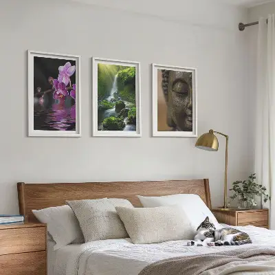 Conjunto de quadros modernos com estampa de cachoeira de flores e rocha Zen de Buda