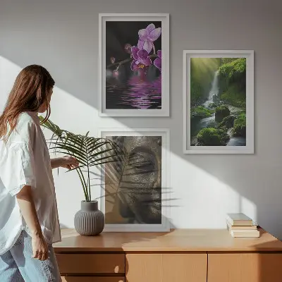 Conjunto de quadros modernos com estampa de cachoeira de flores e rocha Zen de Buda