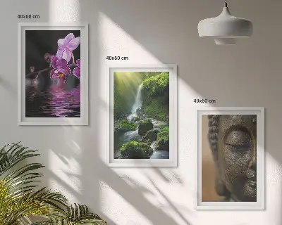 Conjunto de quadros modernos com estampa de cachoeira de flores e rocha Zen de Buda
