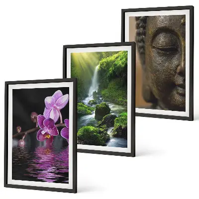 Conjunto de quadros modernos com estampa de cachoeira de flores e rocha Zen de Buda