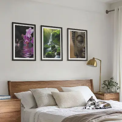 Conjunto de quadros modernos com estampa de cachoeira de flores e rocha Zen de Buda