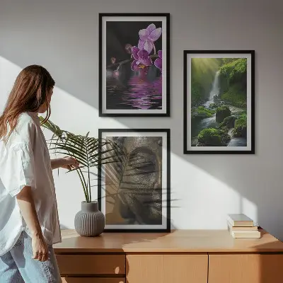Conjunto de quadros modernos com estampa de cachoeira de flores e rocha Zen de Buda