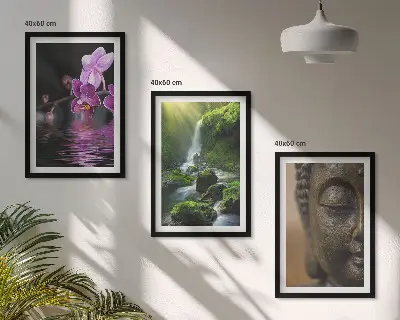 Conjunto de quadros modernos com estampa de cachoeira de flores e rocha Zen de Buda