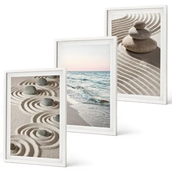 Conjunto de 3 quadros com moldura estampa de ondas, areia, água e pedras na praia