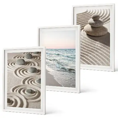 Conjunto de 3 quadros com moldura estampa de ondas, areia, água e pedras na praia