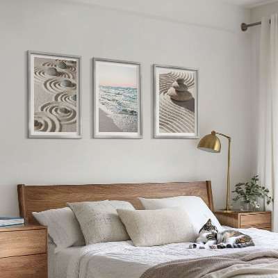 Conjunto de 3 quadros com moldura Ondas, areia, água, pedras, praia
