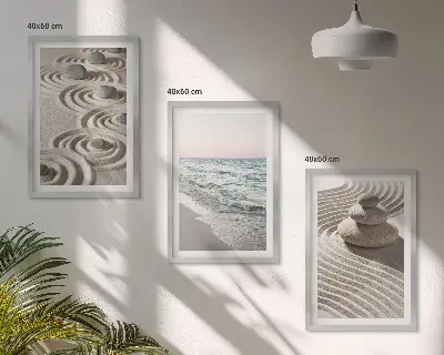 Conjunto de 3 quadros com moldura estampa de ondas, areia, água e pedras na praia