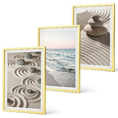 Conjunto de 3 quadros com moldura estampa de ondas, areia, água e pedras na praia