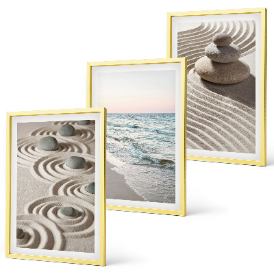 Conjunto de 3 quadros com moldura Ondas, areia, água, pedras, praia