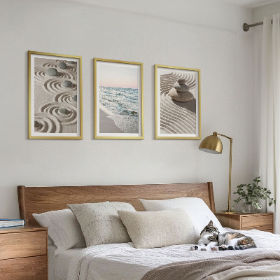 Conjunto de 3 quadros com moldura Ondas, areia, água, pedras, praia