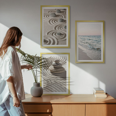 Conjunto de 3 quadros com moldura Ondas, areia, água, pedras, praia