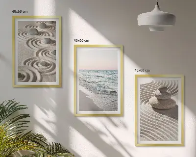 Conjunto de 3 quadros com moldura estampa de ondas, areia, água e pedras na praia